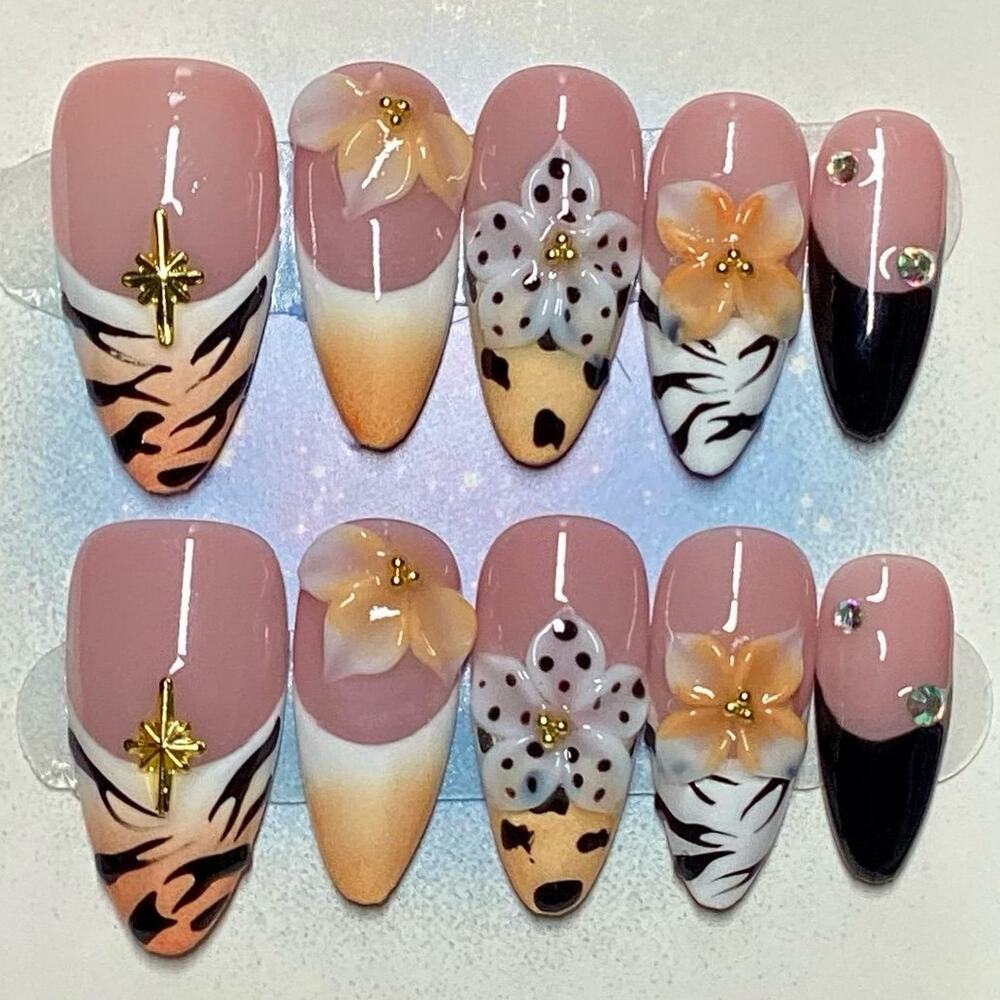 Y2K 3D Flower Mixed Print Ombre French Tip Almond Press On Nails Medium & Large
